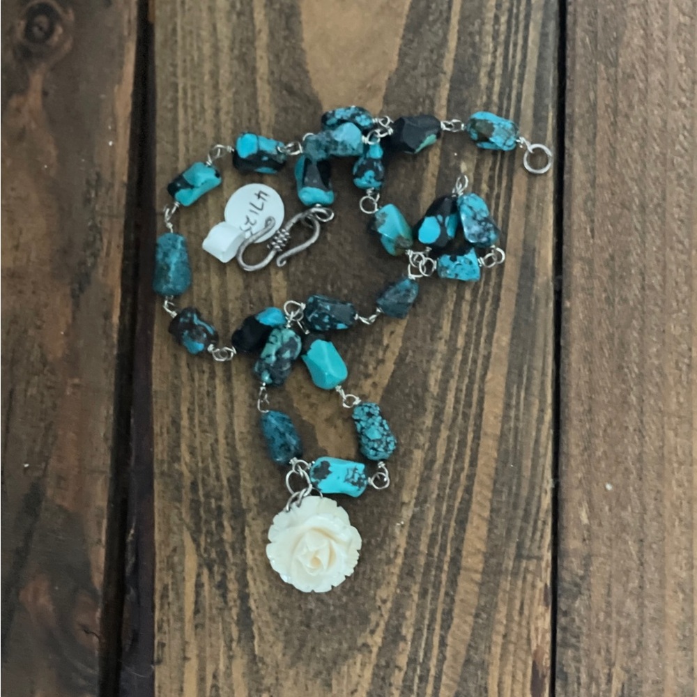 Carved Rose Pendant on Turquoise Necklace
